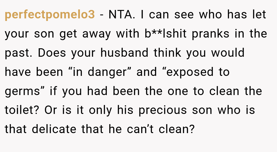 perfectpomelo3 − NTA. I can see who has let your son get away with b**lshit pranks in the past. Does your husband think you would have been “in danger” and “exposed to germs” if you had been the one to clean the toilet? Or is it only his precious son who is that delicate that he can’t clean?