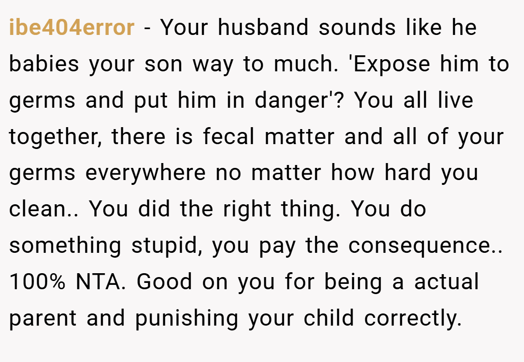 ibe404error − Your husband sounds like he babies your son way to much. 'Expose him to germs and put him in danger'? You all live together, there is fecal matter and all of your germs everywhere no matter how hard you clean.. You did the right thing. You do something stupid, you pay the consequence.. 100% NTA. Good on you for being a actual parent and punishing your child correctly.