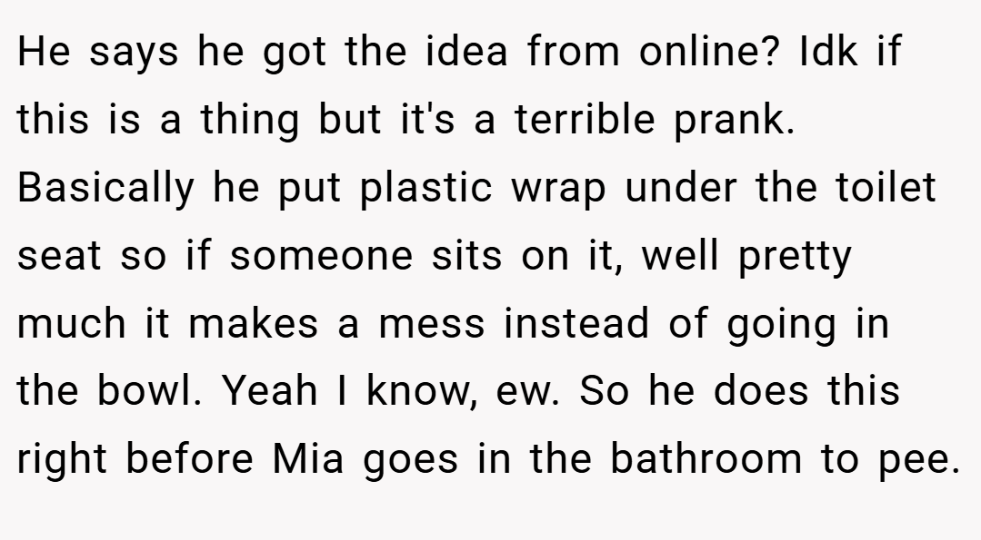 He says he got the idea from online? Idk if this is a thing but it's a terrible prank. Basically he put plastic wrap under the toilet seat so if someone sits on it, well pretty much it makes a mess instead of going in the bowl. Yeah I know, ew. So he does this right before Mia goes in the bathroom to pee.