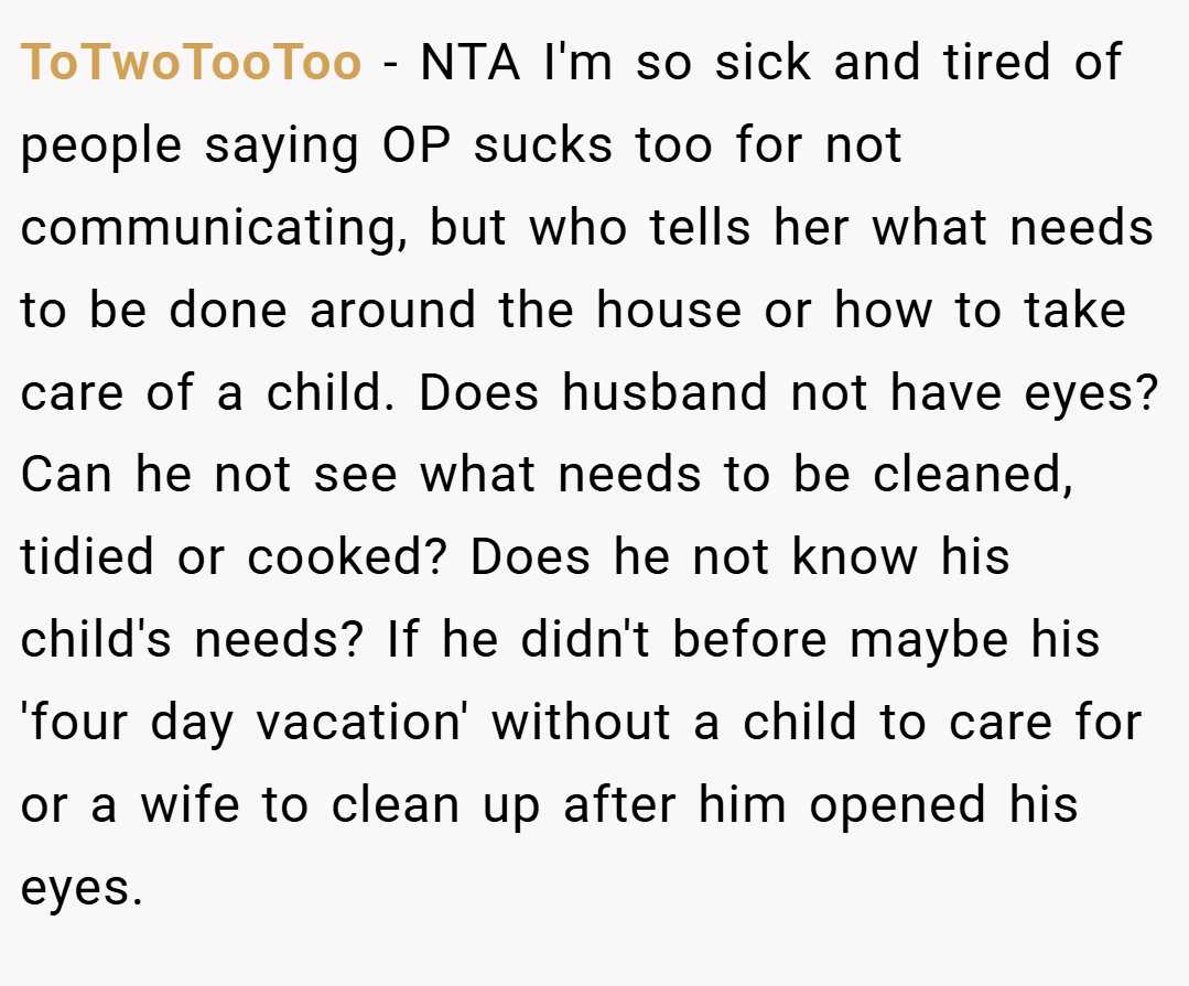 ToTwoTooToo − NTA I'm so sick and tired of people saying OP sucks too for not communicating, but who tells her what needs to be done around the house or how to take care of a child. Does husband not have eyes? Can he not see what needs to be cleaned, tidied or cooked? Does he not know his child's needs? If he didn't before maybe his 'four day vacation' without a child to care for or a wife to clean up after him opened his eyes.