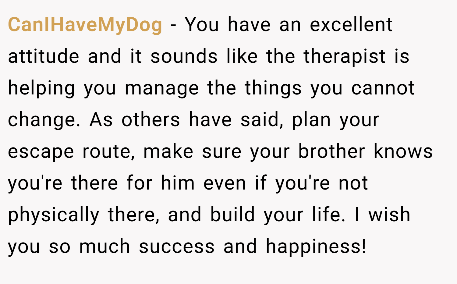 CanIHaveMyDog − You have an excellent attitude and it sounds like the therapist is helping you manage the things you cannot change. As others have said, plan your escape route, make sure your brother knows you're there for him even if you're not physically there, and build your life. I wish you so much success and happiness!