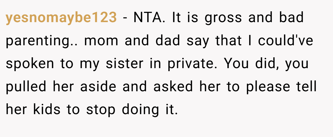 yesnomaybe123 − NTA. It is gross and bad parenting.. mom and dad say that I could've spoken to my sister in private. You did, you pulled her aside and asked her to please tell her kids to stop doing it.