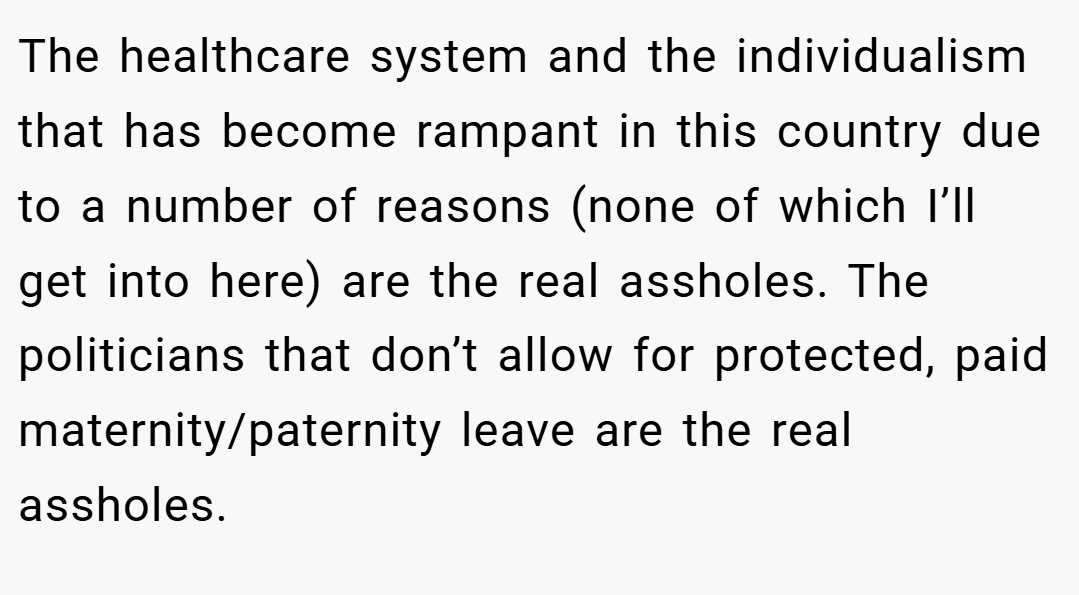 The healthcare system and the individualism that has become rampant in this country due to a number of reasons (none of which I’ll get into here) are the real assholes. The politicians that don’t allow for protected, paid maternity/paternity leave are the real assholes.