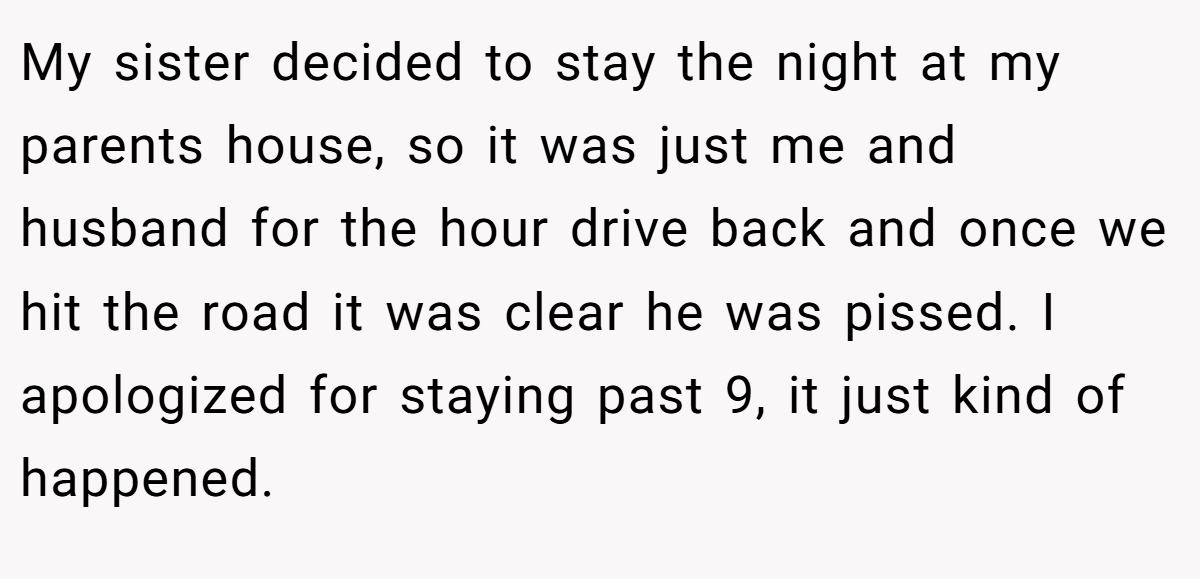 My sister decided to stay the night at my parents house, so it was just me and husband for the hour drive back and once we hit the road it was clear he was pissed. I apologized for staying past 9, it just kind of happened.
