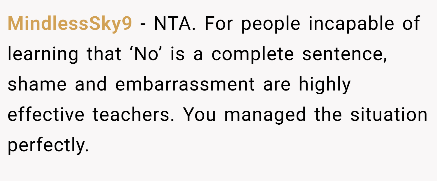 MindlessSky9 − NTA. For people incapable of learning that ‘No’ is a complete sentence, shame and embarrassment are highly effective teachers. You managed the situation perfectly.