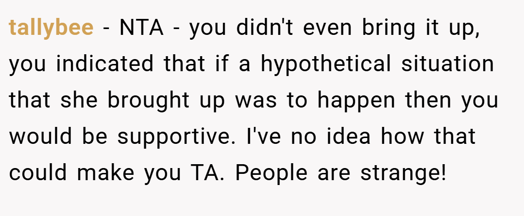 tallybee − NTA - you didn't even bring it up, you indicated that if a hypothetical situation that she brought up was to happen then you would be supportive. I've no idea how that could make you TA. People are strange!