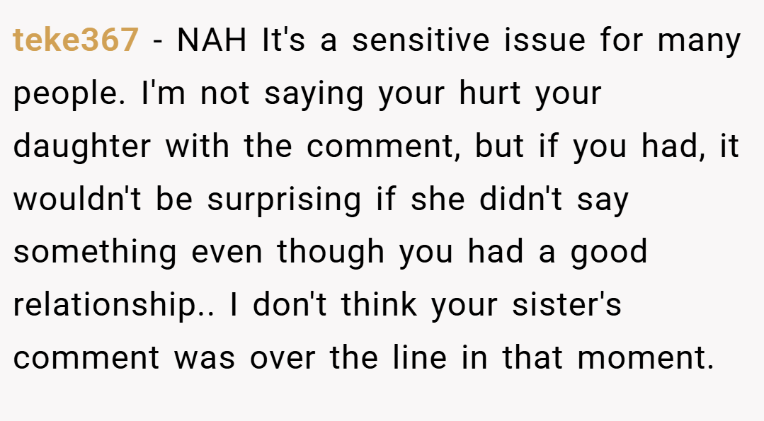 teke367 − NAH It's a sensitive issue for many people. I'm not saying your hurt your daughter with the comment, but if you had, it wouldn't be surprising if she didn't say something even though you had a good relationship.. I don't think your sister's comment was over the line in that moment.