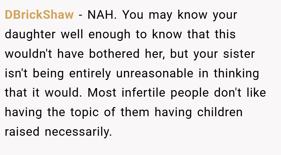 DBrickShaw − NAH. You may know your daughter well enough to know that this wouldn't have bothered her, but your sister isn't being entirely unreasonable in thinking that it would. Most infertile people don't like having the topic of them having children raised necessarily.