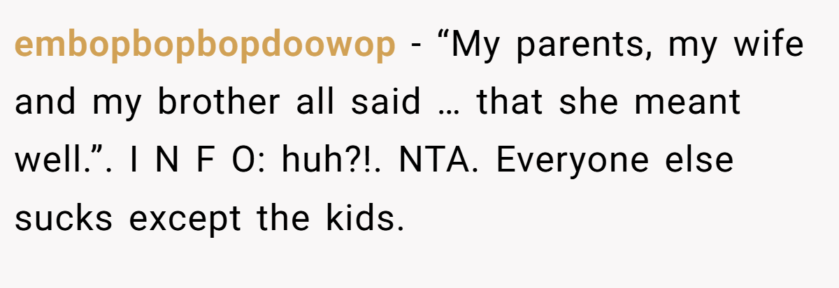 embopbopbopdoowop - “My parents, my wife and my brother all said … that she meant well.”. I N F O: huh?!. NTA. Everyone else sucks except the kids.