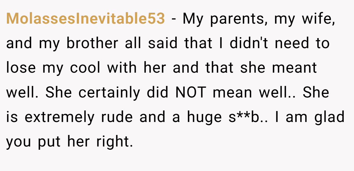 MolassesInevitable53 - My parents, my wife, and my brother all said that I didn't need to lose my cool with her and that she meant well. She certainly did NOT mean well.. She is extremely rude and a huge s**b.. I am glad you put her right.