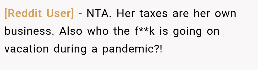 [Reddit User] − NTA. Her taxes are her own business. Also who the f**k is going on vacation during a pandemic?!