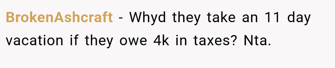 BrokenAshcraft − Whyd they take an 11 day vacation if they owe 4k in taxes? Nta.