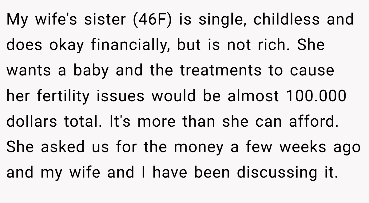 My wife's sister (46F) is single, childless and does okay financially, but is not rich. She wants a baby and the treatments to cause her fertility issues would be almost 100.000 dollars total. It's more than she can afford. She asked us for the money a few weeks ago and my wife and I have been discussing it.