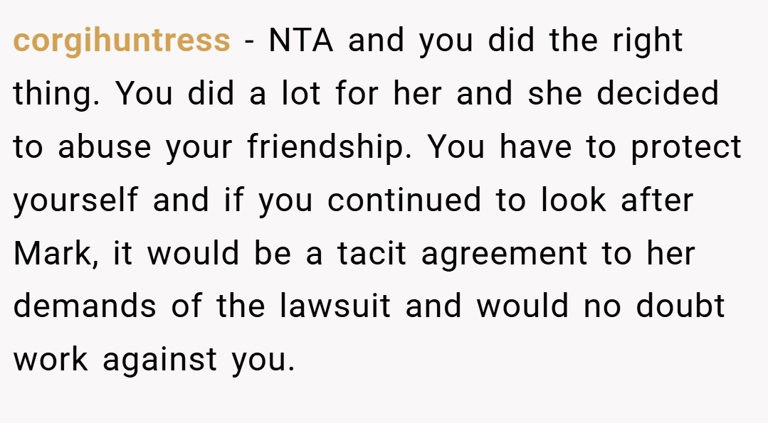 corgihuntress − NTA and you did the right thing. You did a lot for her and she decided to abuse your friendship. You have to protect yourself and if you continued to look after Mark, it would be a tacit agreement to her demands of the lawsuit and would no doubt work against you.
