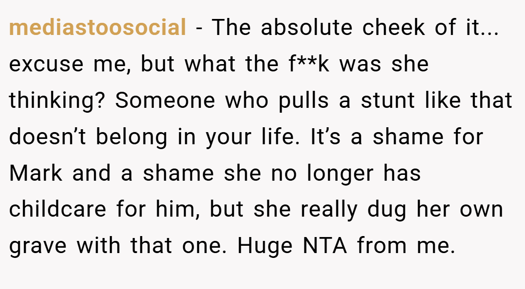 mediastoosocial − The absolute cheek of it... excuse me, but what the f**k was she thinking? Someone who pulls a stunt like that doesn’t belong in your life. It’s a shame for Mark and a shame she no longer has childcare for him, but she really dug her own grave with that one. Huge NTA from me.