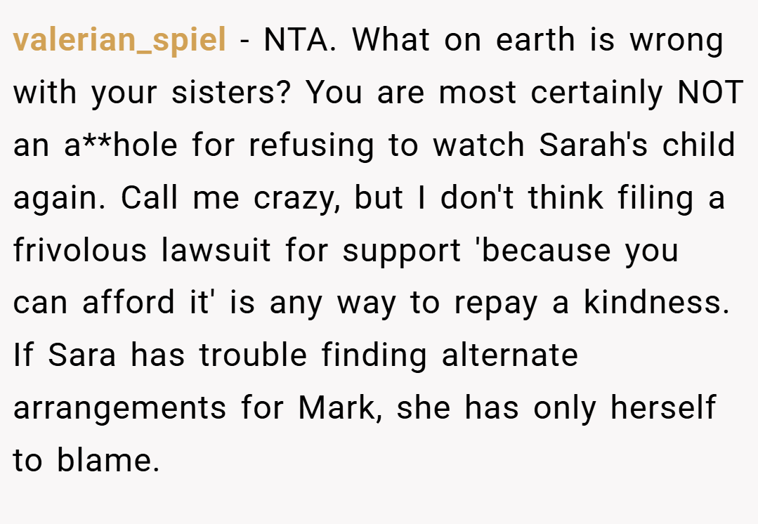 valerian_spiel − NTA. What on earth is wrong with your sisters? You are most certainly NOT an a**hole for refusing to watch Sarah's child again. Call me crazy, but I don't think filing a frivolous lawsuit for support 'because you can afford it' is any way to repay a kindness. If Sara has trouble finding alternate arrangements for Mark, she has only herself to blame.