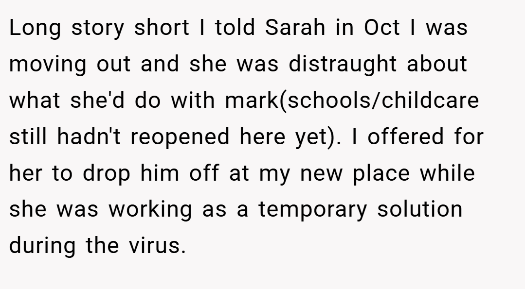 Long story short I told Sarah in Oct I was moving out and she was distraught about what she'd do with mark(schools/childcare still hadn't reopened here yet). I offered for her to drop him off at my new place while she was working as a temporary solution during the virus.