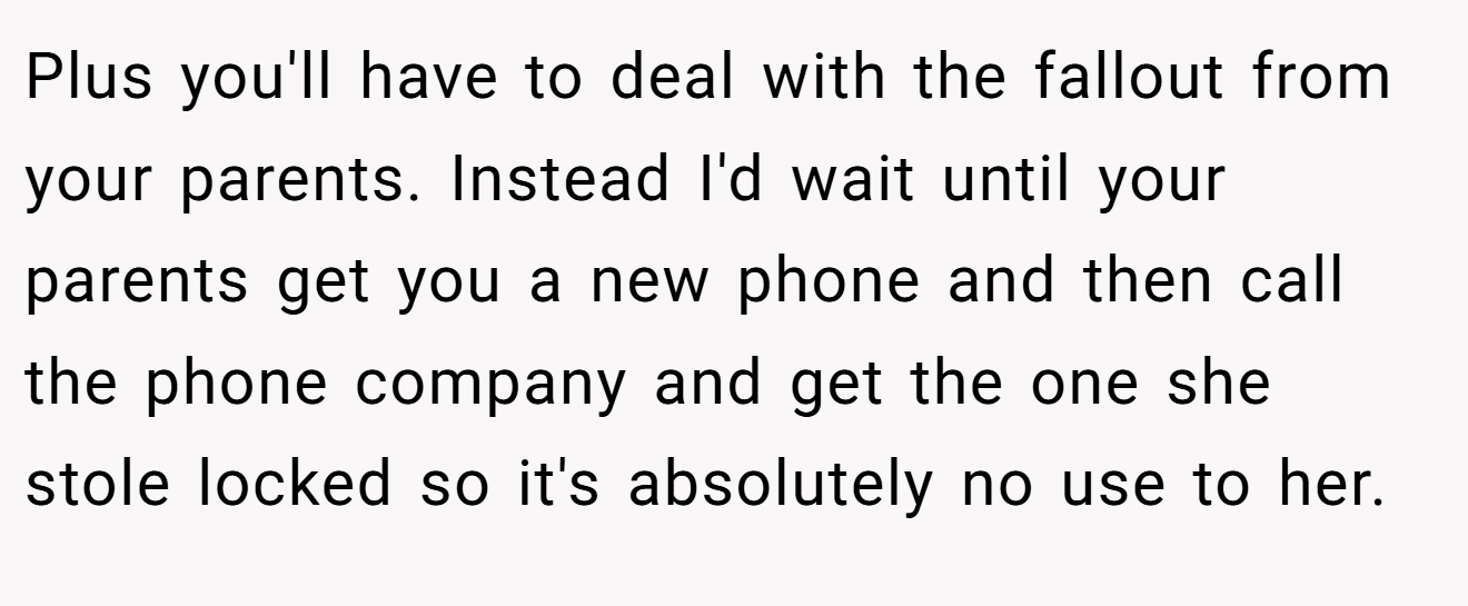 Plus you'll have to deal with the fallout from your parents. Instead I'd wait until your parents get you a new phone and then call the phone company and get the one she stole locked so it's absolutely no use to her.