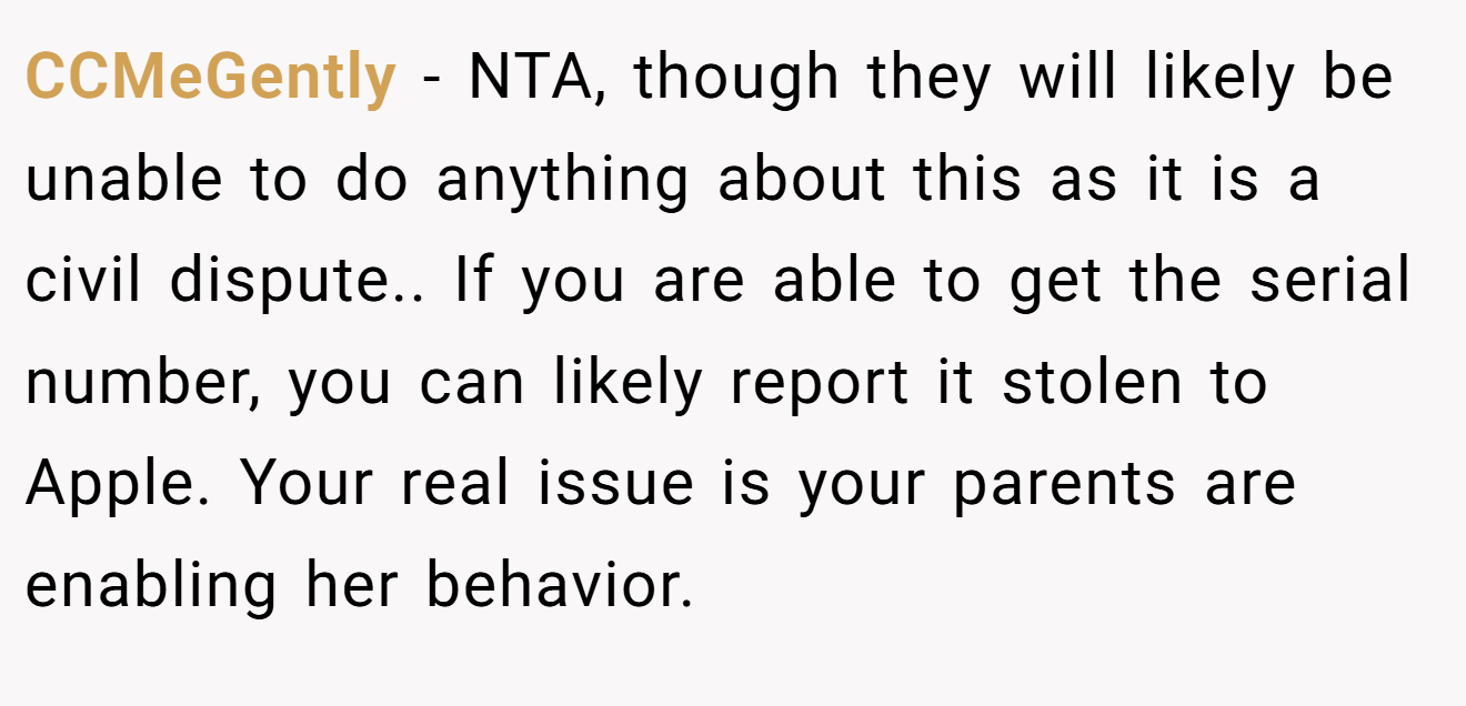CCMeGently - NTA, though they will likely be unable to do anything about this as it is a civil dispute.. If you are able to get the serial number, you can likely report it stolen to Apple. Your real issue is your parents are enabling her behavior.