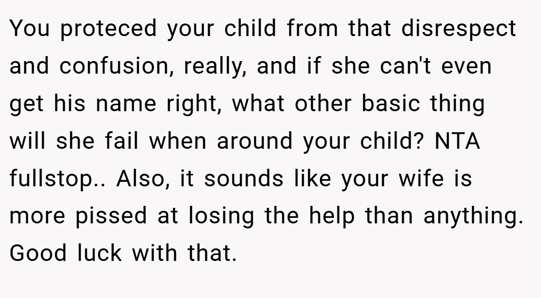 You proteced your child from that disrespect and confusion, really, and if she can't even get his name right, what other basic thing will she fail when around your child? NTA fullstop.. Also, it sounds like your wife is more pissed at losing the help than anything. Good luck with that.