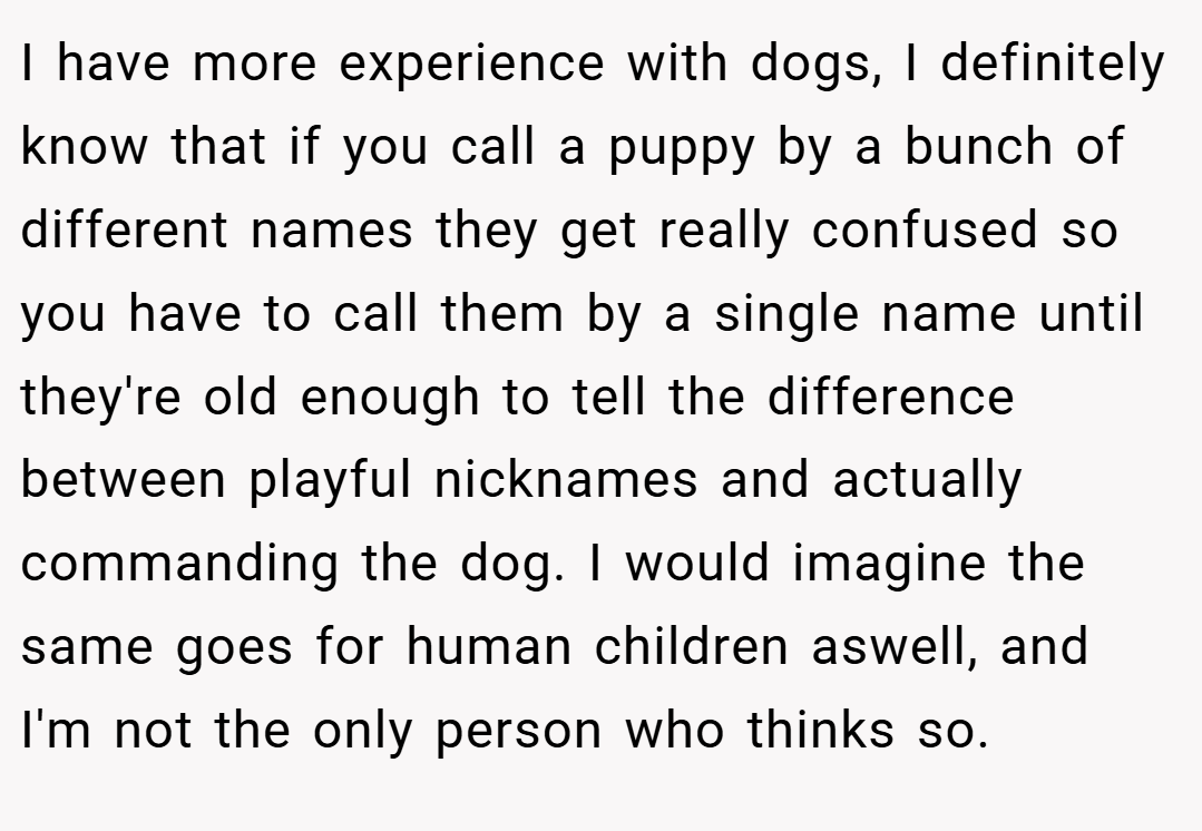 I have more experience with dogs, I definitely know that if you call a puppy by a bunch of different names they get really confused so you have to call them by a single name until they're old enough to tell the difference between playful nicknames and actually commanding the dog. I would imagine the same goes for human children aswell, and I'm not the only person who thinks so.