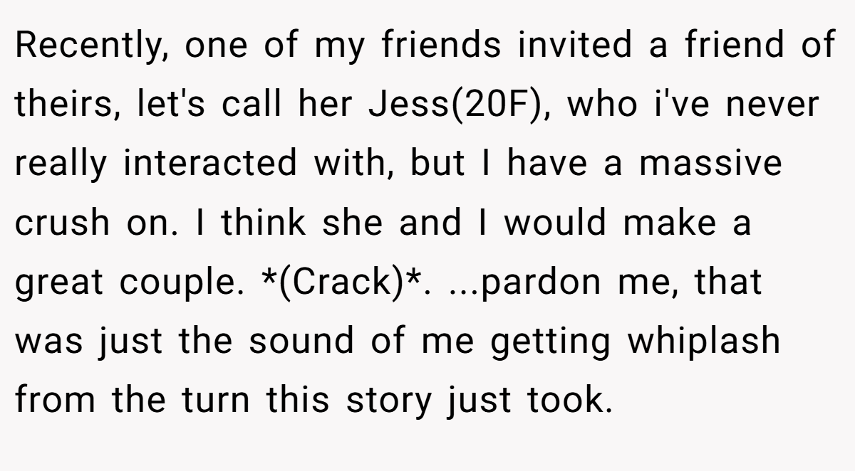 Recently, one of my friends invited a friend of theirs, let's call her Jess(20F), who i've never really interacted with, but I have a massive crush on. I think she and I would make a great couple. *(Crack)*. ...pardon me, that was just the sound of me getting whiplash from the turn this story just took.
