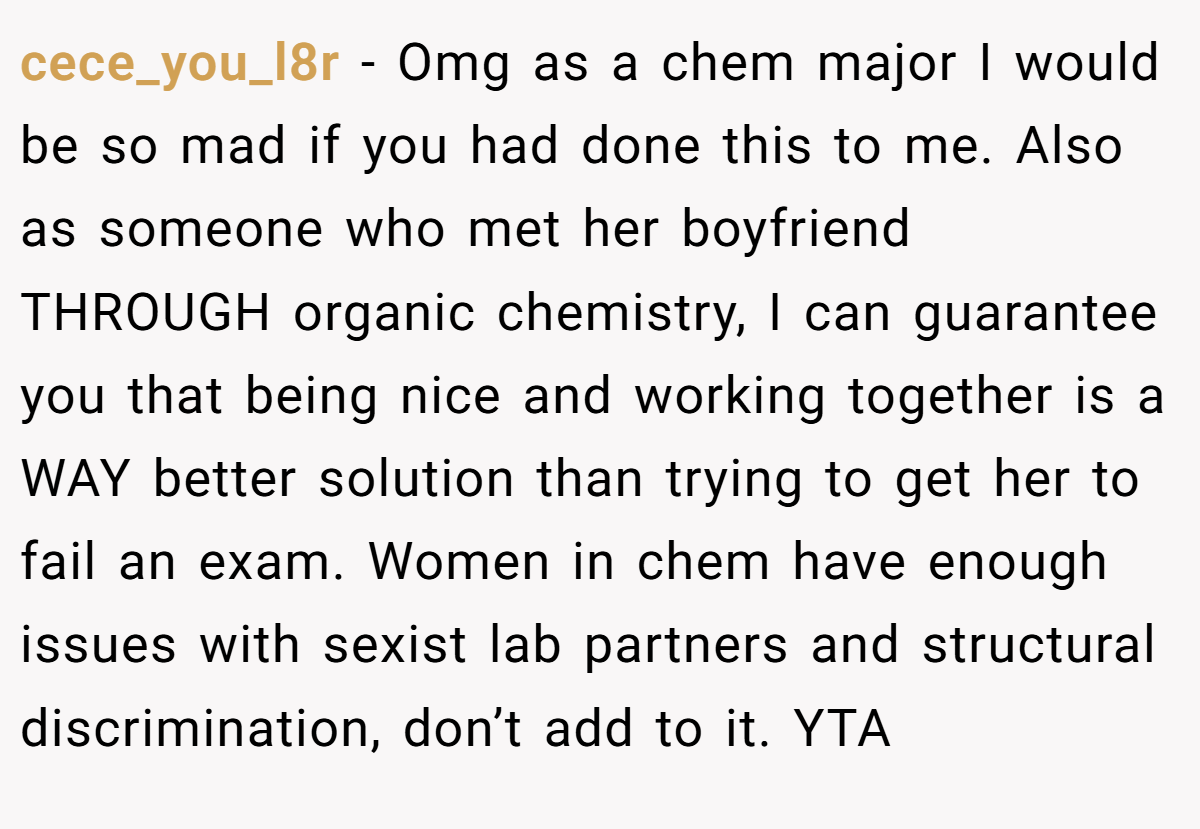cece_you_l8r − Omg as a chem major I would be so mad if you had done this to me. Also as someone who met her boyfriend THROUGH organic chemistry, I can guarantee you that being nice and working together is a WAY better solution than trying to get her to fail an exam. Women in chem have enough issues with sexist lab partners and structural discrimination, don’t add to it. YTA
