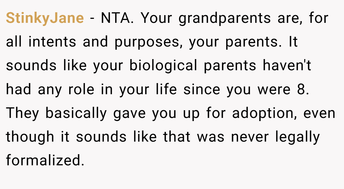 StinkyJane − NTA. Your grandparents are, for all intents and purposes, your parents. It sounds like your biological parents haven't had any role in your life since you were 8. They basically gave you up for adoption, even though it sounds like that was never legally formalized.