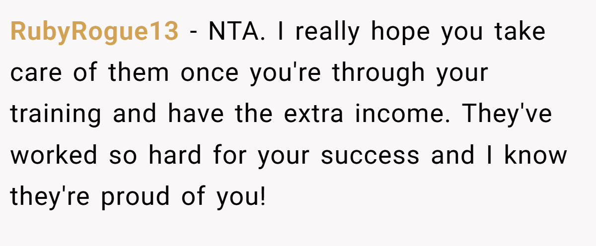 RubyRogue13 − NTA. I really hope you take care of them once you're through your training and have the extra income. They've worked so hard for your success and I know they're proud of you!