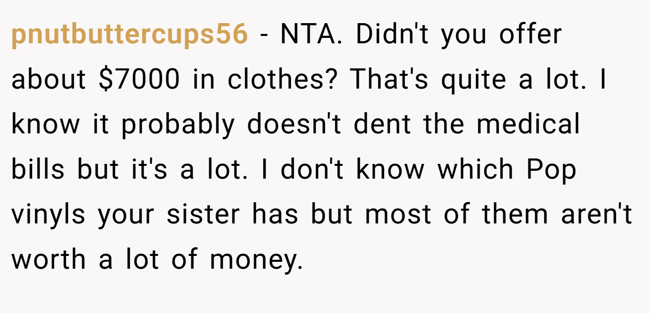 pnutbuttercups56 - NTA. Didn't you offer about $7000 in clothes? That's quite a lot. I know it probably doesn't dent the medical bills but it's a lot. I don't know which Pop vinyls your sister has but most of them aren't worth a lot of money.