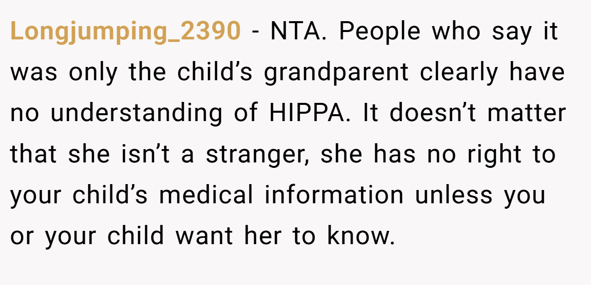 Longjumping_2390 − NTA. People who say it was only the child’s grandparent clearly have no understanding of HIPPA. It doesn’t matter that she isn’t a stranger, she has no right to your child’s medical information unless you or your child want her to know.