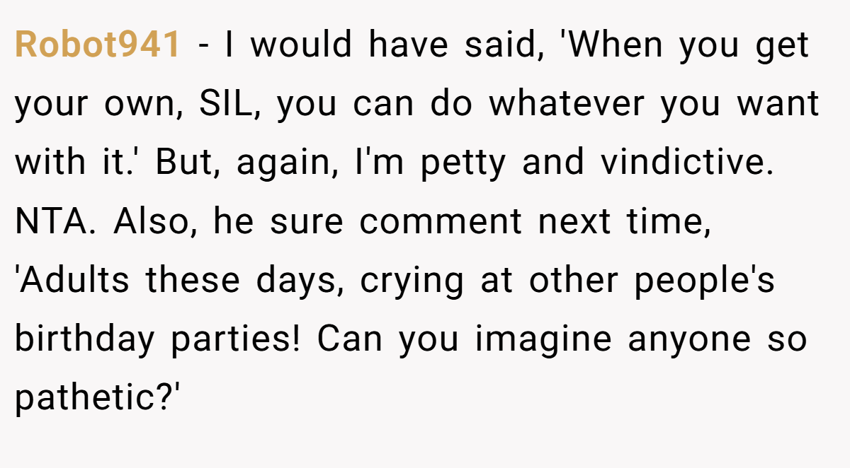 Robot941 − I would have said, 'When you get your own, SIL, you can do whatever you want with it.' But, again, I'm petty and vindictive. NTA. Also, he sure comment next time, 'Adults these days, crying at other people's birthday parties! Can you imagine anyone so pathetic?'