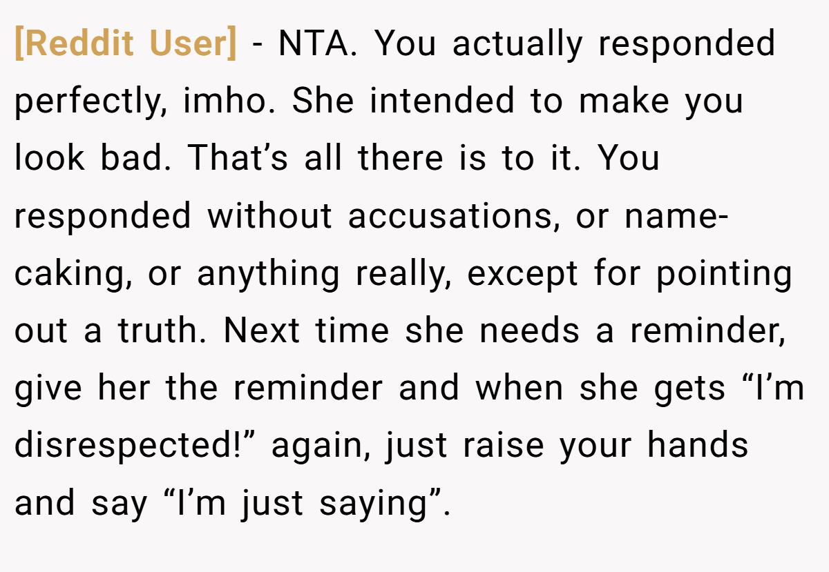 [Reddit User] − NTA. You actually responded perfectly, imho. She intended to make you look bad. That’s all there is to it. You responded without accusations, or name-caking, or anything really, except for pointing out a truth. Next time she needs a reminder, give her the reminder and when she gets “I’m disrespected!” again, just raise your hands and say “I’m just saying”.