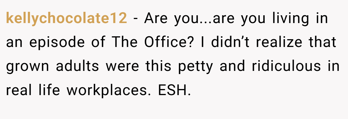 kellychocolate12 − Are you...are you living in an episode of The Office? I didn’t realize that grown adults were this petty and ridiculous in real life workplaces. ESH.