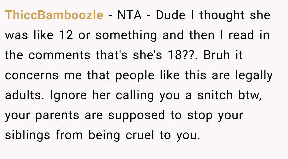 ThiccBamboozle − NTA - Dude I thought she was like 12 or something and then I read in the comments that's she's 18??. Bruh it concerns me that people like this are legally adults. Ignore her calling you a snitch btw, your parents are supposed to stop your siblings from being cruel to you.