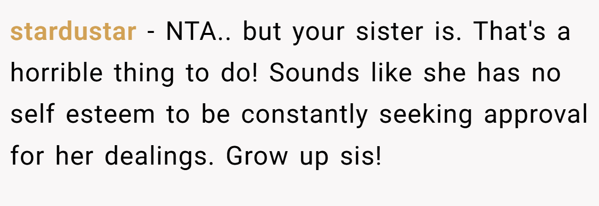 stardustar − NTA.. but your sister is. That's a horrible thing to do! Sounds like she has no self esteem to be constantly seeking approval for her dealings. Grow up sis!