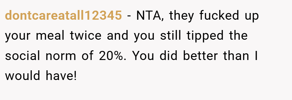 dontcareatall12345 − NTA, they fucked up your meal twice and you still tipped the social norm of 20%. You did better than I would have!