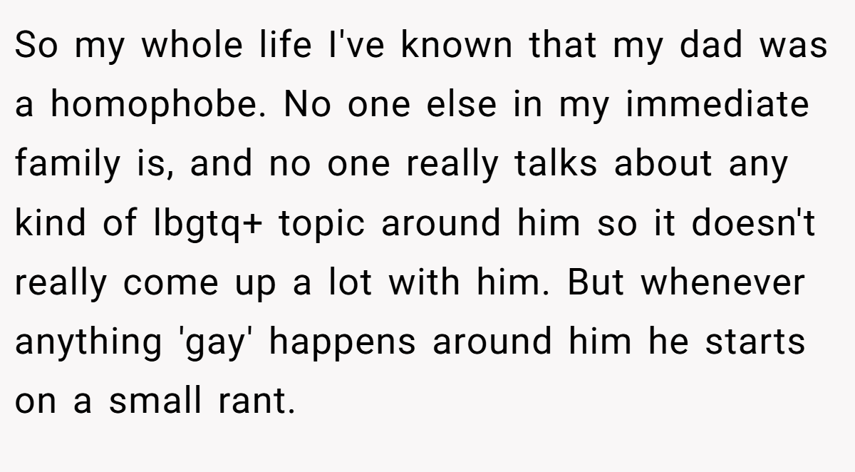 So my whole life I've known that my dad was a homophobe. No one else in my immediate family is, and no one really talks about any kind of lbgtq+ topic around him so it doesn't really come up a lot with him. But whenever anything 'gay' happens around him he starts on a small rant.