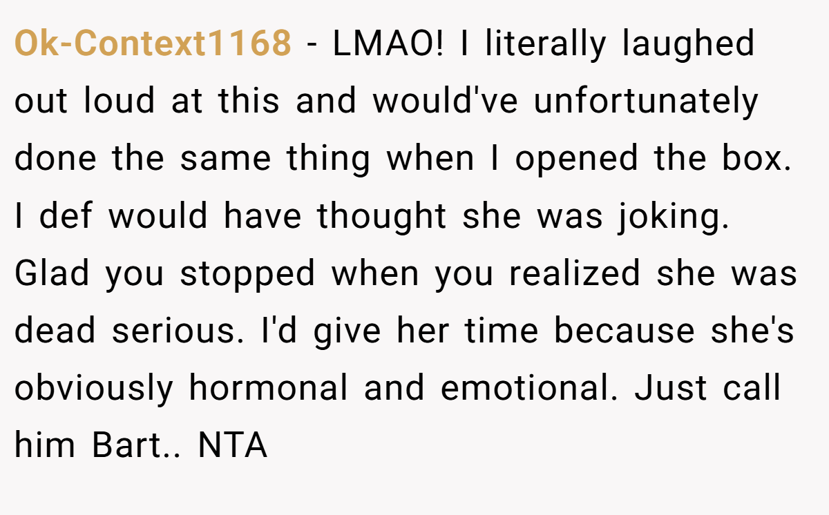 Ok-Context1168 − LMAO! I literally laughed out loud at this and would've unfortunately done the same thing when I opened the box. I def would have thought she was joking. Glad you stopped when you realized she was dead serious. I'd give her time because she's obviously hormonal and emotional. Just call him Bart.. NTA