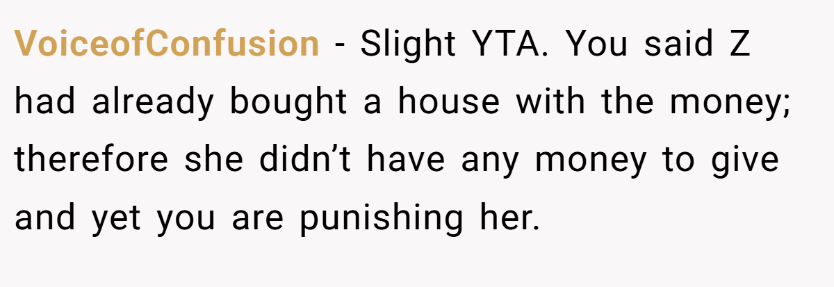 VoiceofConfusion − Slight YTA. You said Z had already bought a house with the money; therefore she didn’t have any money to give and yet you are punishing her.