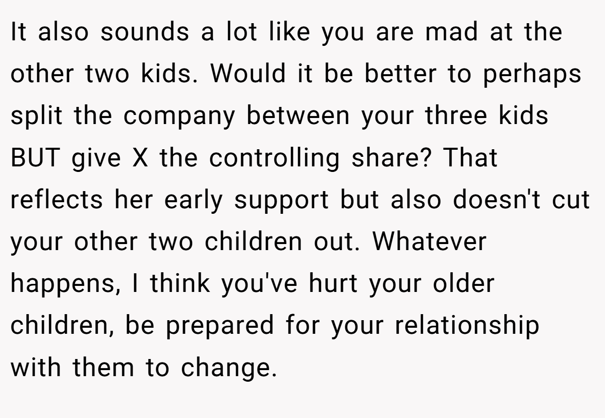 It also sounds a lot like you are mad at the other two kids. Would it be better to perhaps split the company between your three kids BUT give X the controlling share? That reflects her early support but also doesn't cut your other two children out. Whatever happens, I think you've hurt your older children, be prepared for your relationship with them to change.