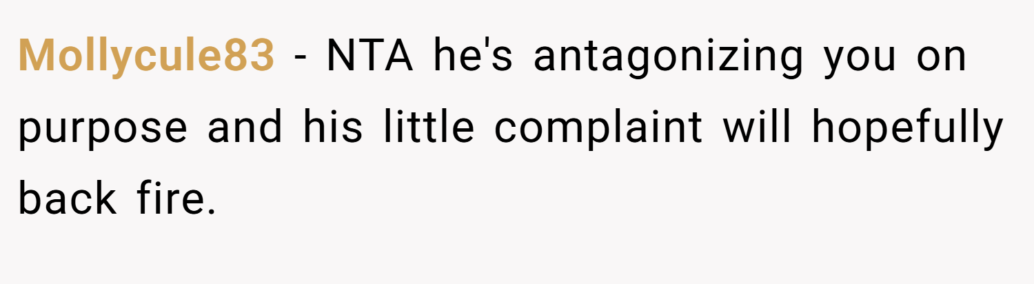 Mollycule83 − NTA he's antagonizing you on purpose and his little complaint will hopefully back fire.