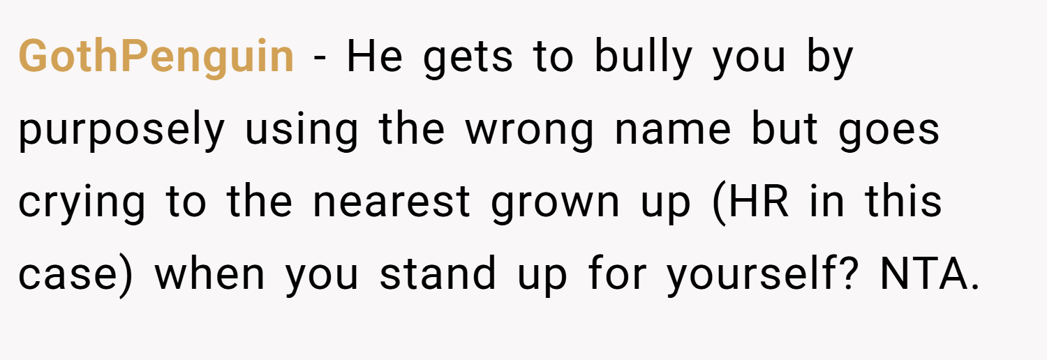 GothPenguin − He gets to bully you by purposely using the wrong name but goes crying to the nearest grown up (HR in this case) when you stand up for yourself? NTA.