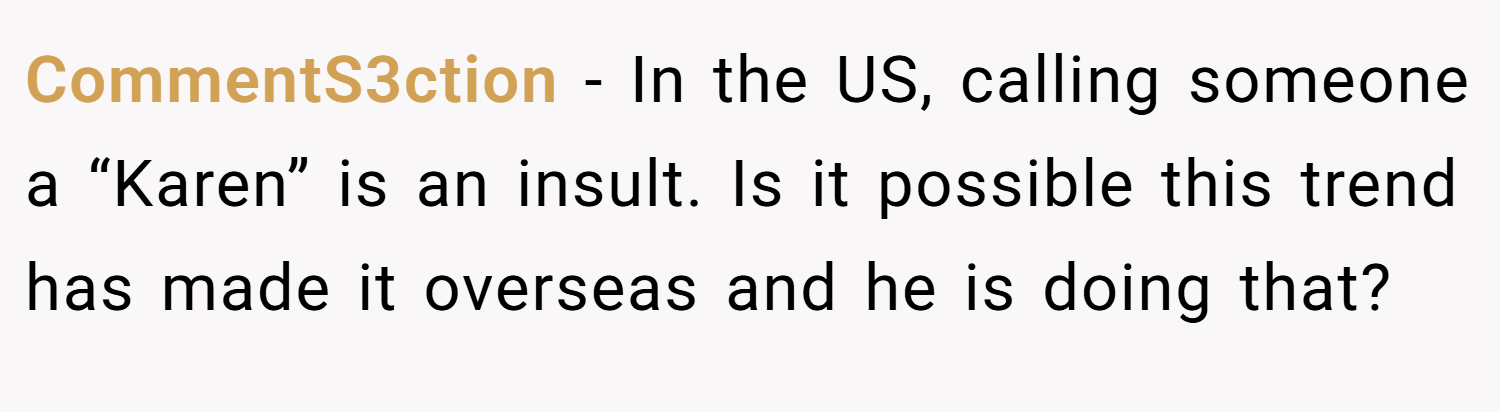 CommentS3ction − In the US, calling someone a “Karen” is an insult. Is it possible this trend has made it overseas and he is doing that?