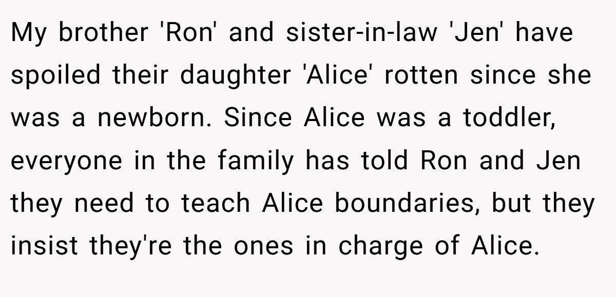 My brother 'Ron' and sister-in-law 'Jen' have spoiled their daughter 'Alice' rotten since she was a newborn. Since Alice was a toddler, everyone in the family has told Ron and Jen they need to teach Alice boundaries, but they insist they're the ones in charge of Alice.