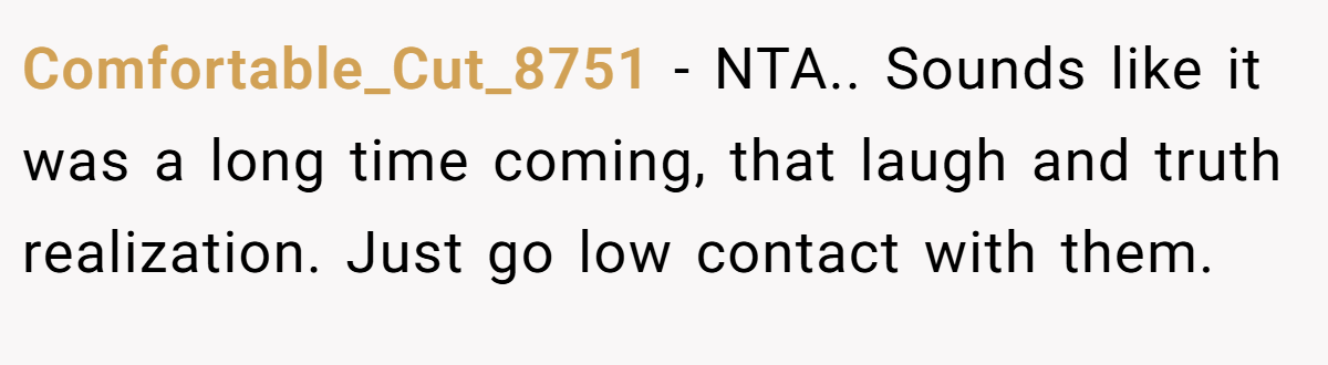 Comfortable_Cut_8751 − NTA.. Sounds like it was a long time coming, that laugh and truth realization. Just go low contact with them.