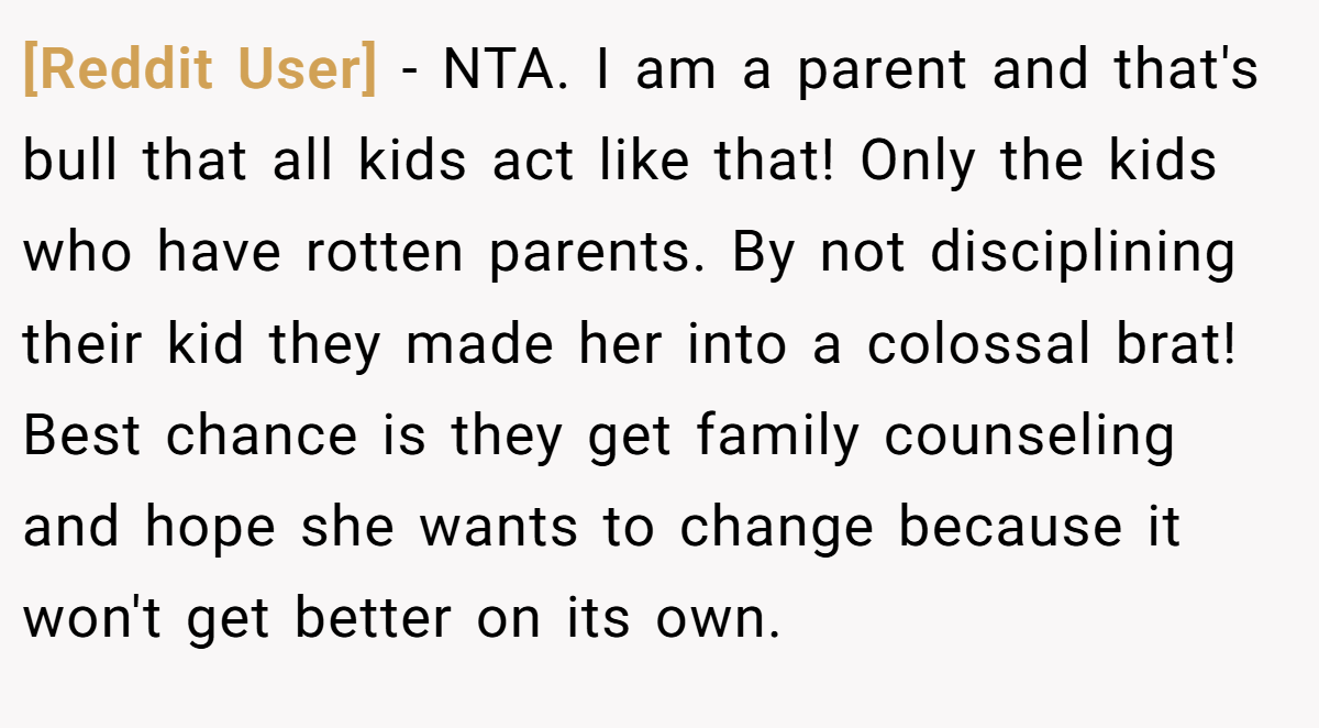 [Reddit User] − NTA. I am a parent and that's bull that all kids act like that! Only the kids who have rotten parents. By not disciplining their kid they made her into a colossal brat! Best chance is they get family counseling and hope she wants to change because it won't get better on its own.