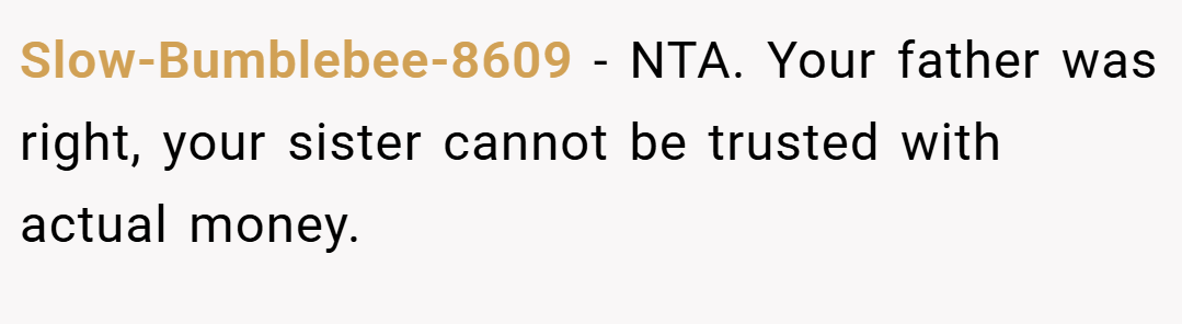 Slow-Bumblebee-8609 − NTA. Your father was right, your sister cannot be trusted with actual money.