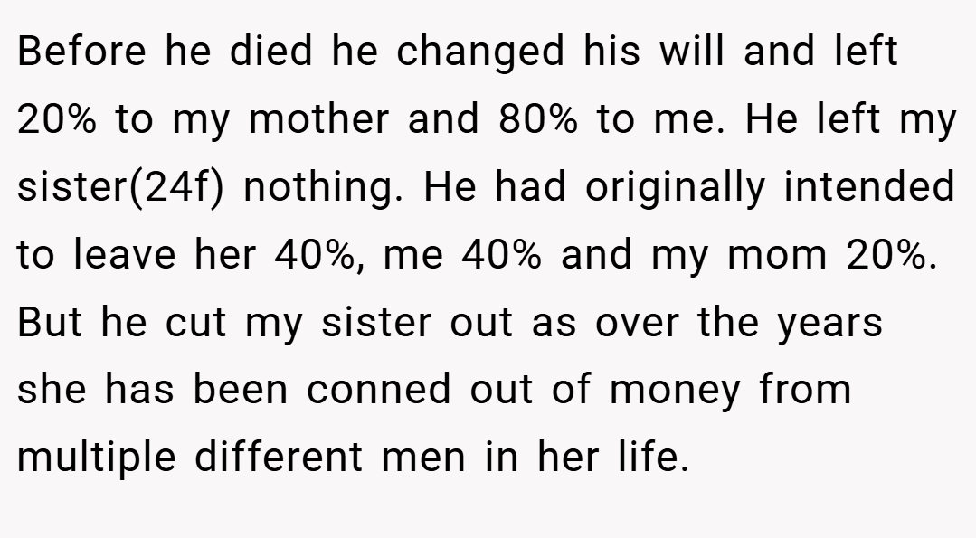 Before he died he changed his will and left 20% to my mother and 80% to me. He left my sister(24f) nothing. He had originally intended to leave her 40%, me 40% and my mom 20%. But he cut my sister out as over the years she has been conned out of money from multiple different men in her life.