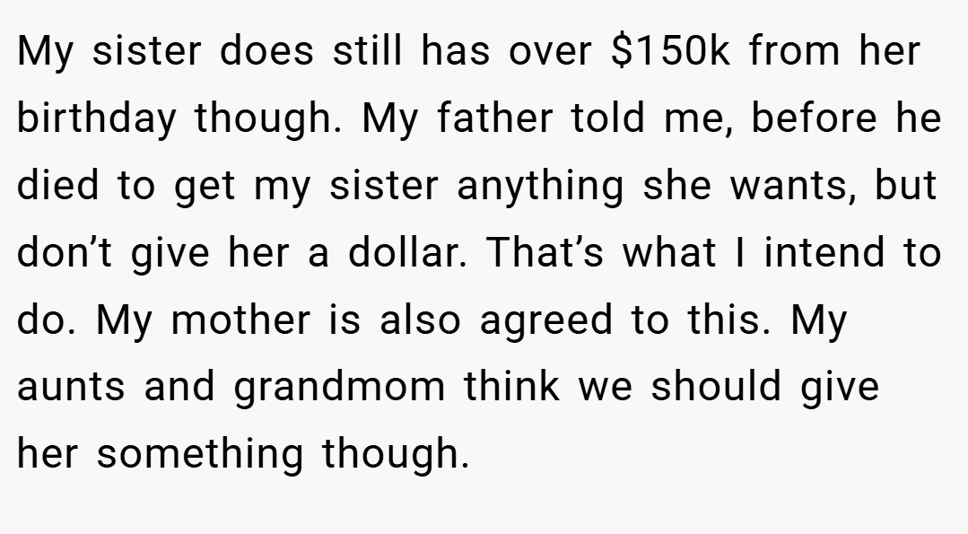 My sister does still has over $150k from her birthday though. My father told me, before he died to get my sister anything she wants, but don’t give her a dollar. That’s what I intend to do. My mother is also agreed to this. My aunts and grandmom think we should give her something though.